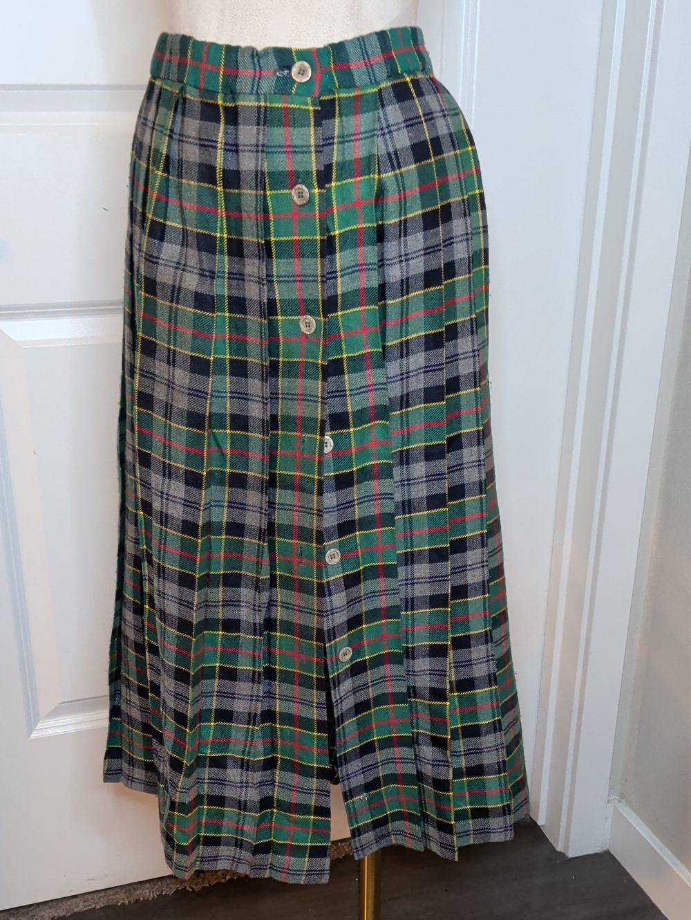 Vintage Tartan Plaid Pleated Midi Skirt Navy Blue & Green Made In Paris Sz Large